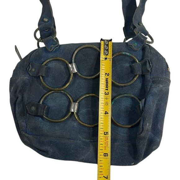 Blue Suede Leather Small Purse Brass Rings Circle Chain MCM Shoulder Bag 8x6.25 - Picture 6 of 7